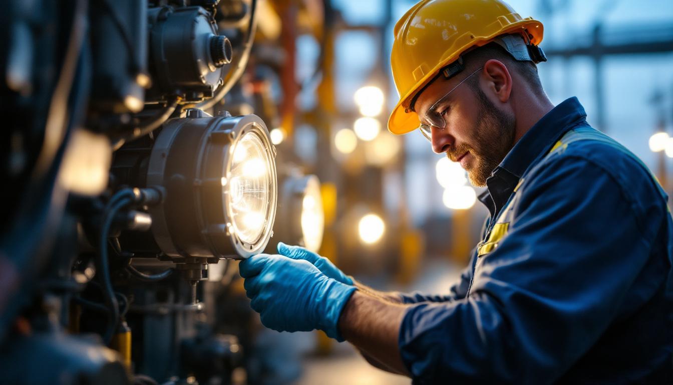 A photograph of a skilled lighting contractor adjusting or inspecting a sodium vapor ballast in a well-lit industrial or outdoor setting
