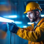 A photograph of a skilled lighting contractor from envision led lighting inc. working on an installation