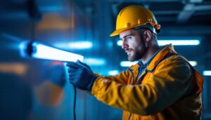 A photograph of a skilled lighting contractor from envision led lighting inc. working on an installation