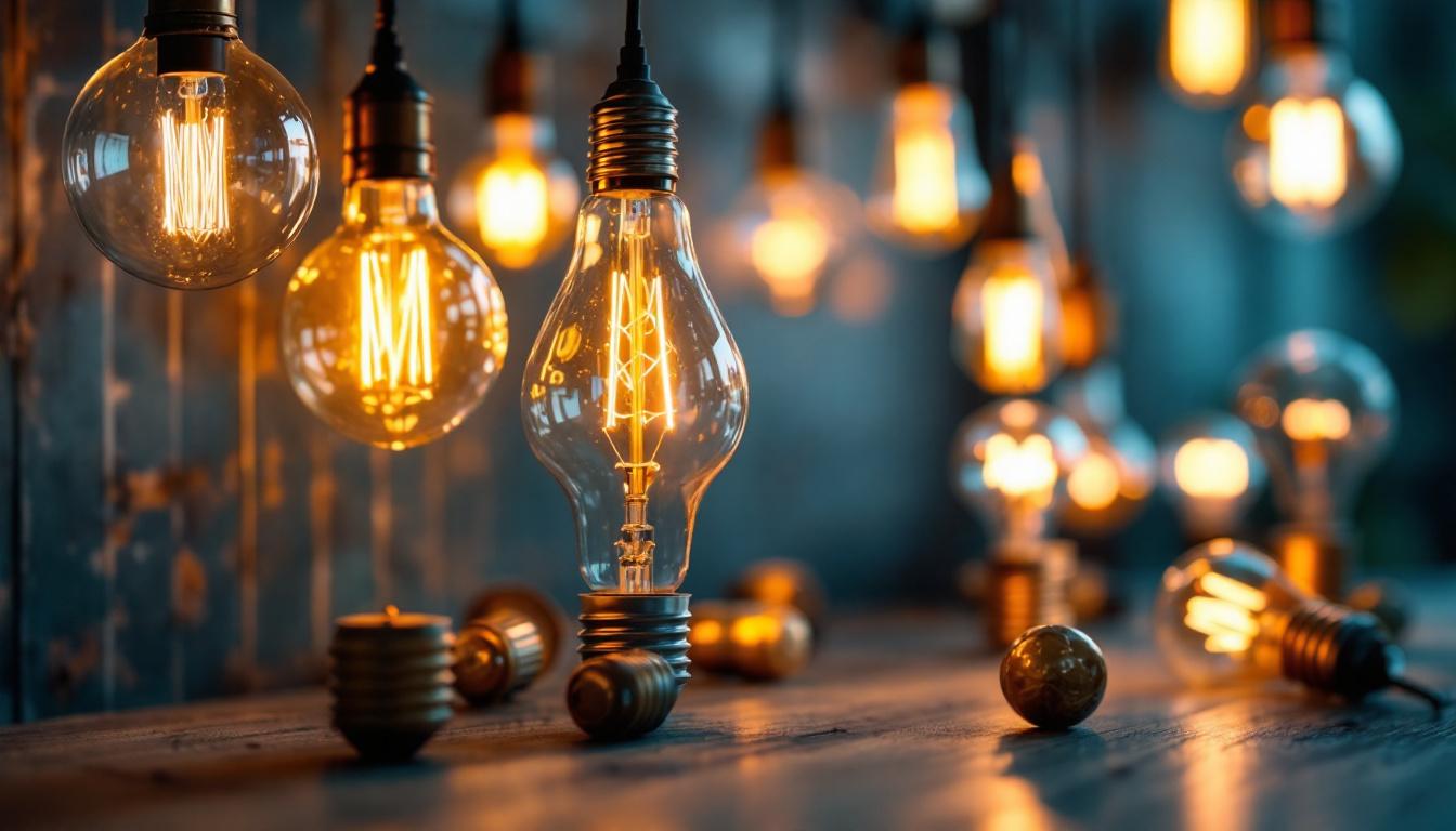 A photograph of a beautifully arranged display of decorative light bulbs in various styles and designs