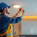 A photograph of a skilled lighting contractor installing recessed led lights in a modern home setting