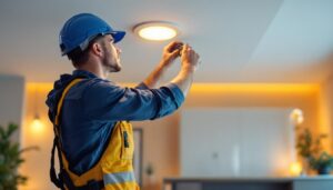A photograph of a skilled lighting contractor installing recessed led lights in a modern home setting