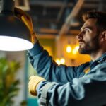 A photograph of a skilled lighting contractor expertly installing or demonstrating hilite lighting fixtures in a well-lit