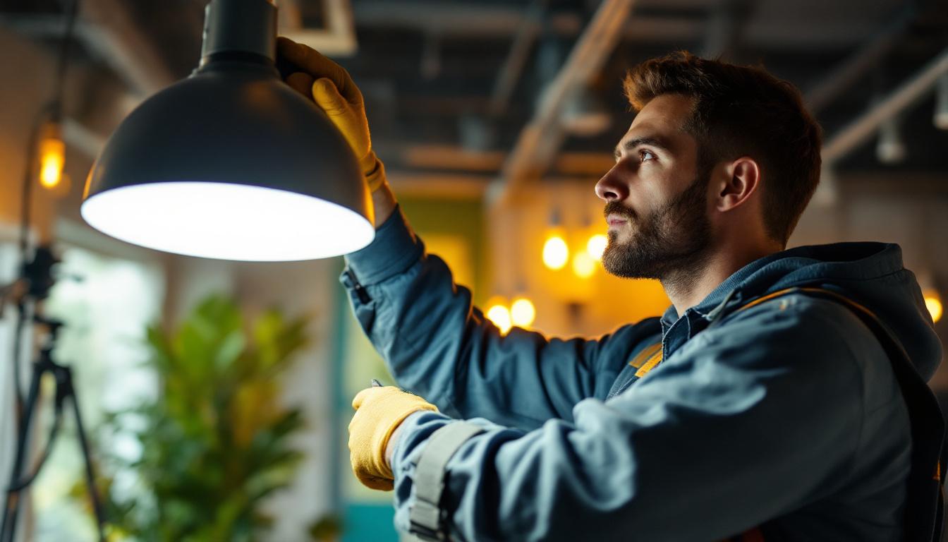 A photograph of a skilled lighting contractor expertly installing or demonstrating hilite lighting fixtures in a well-lit