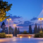 A photograph of a beautifully illuminated outdoor space featuring various modern solar-powered lighting fixtures