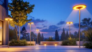 A photograph of a beautifully illuminated outdoor space featuring various modern solar-powered lighting fixtures