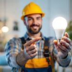 A photograph of a lighting contractor installing or showcasing a 17w led bulb in a residential or commercial setting