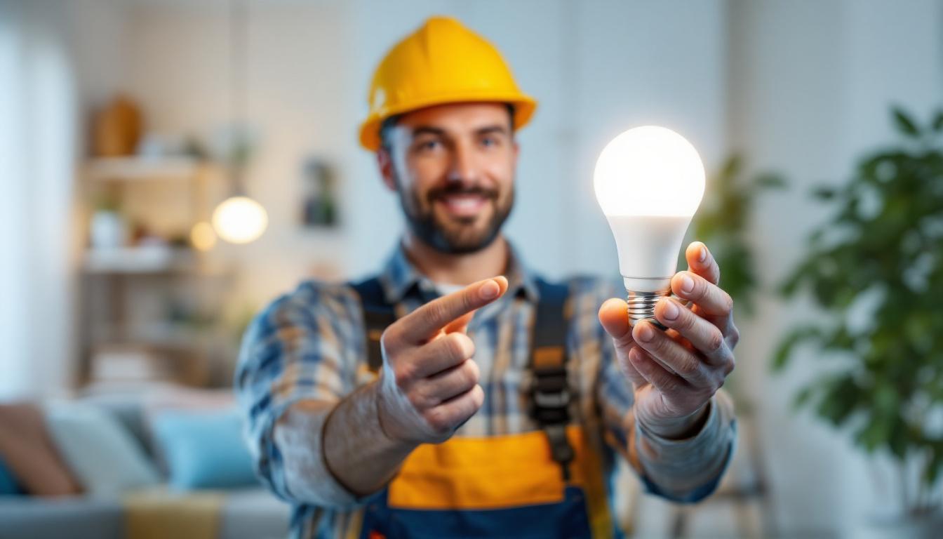 A photograph of a lighting contractor installing or showcasing a 17w led bulb in a residential or commercial setting