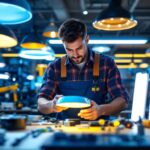 A photograph of a lighting contractor working with various led light fixtures in a well-lit