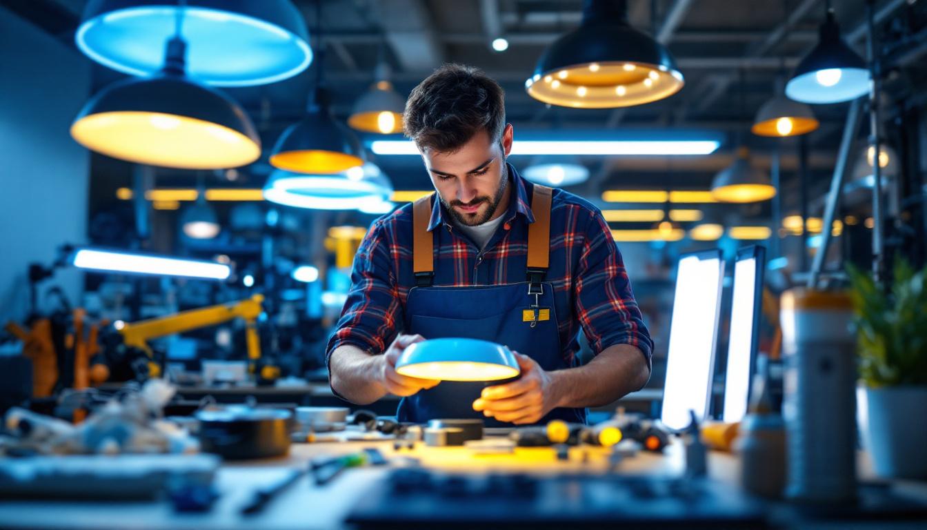 A photograph of a lighting contractor working with various led light fixtures in a well-lit