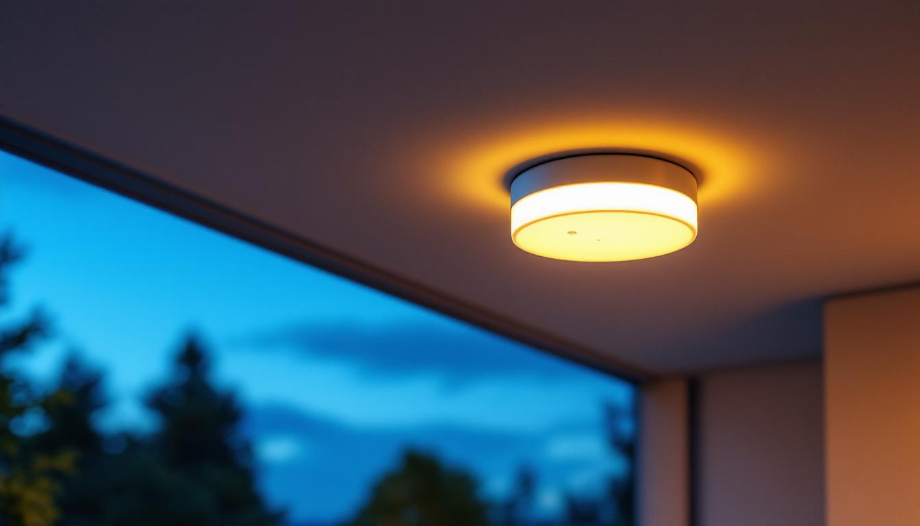 A photograph of a stylish outdoor ceiling light fixture with an integrated outlet