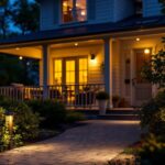A photograph of a beautifully illuminated porch featuring stylish solar post lights at dusk