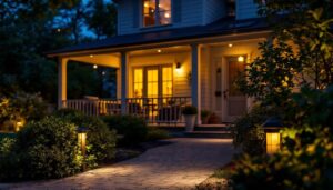 A photograph of a beautifully illuminated porch featuring stylish solar post lights at dusk