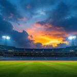 A photograph of a baseball park at dusk