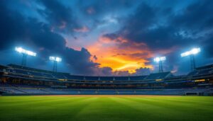 A photograph of a baseball park at dusk