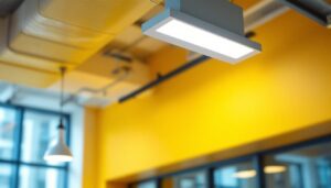 A photograph of a modern led troffer light fixture installed in a contemporary office space
