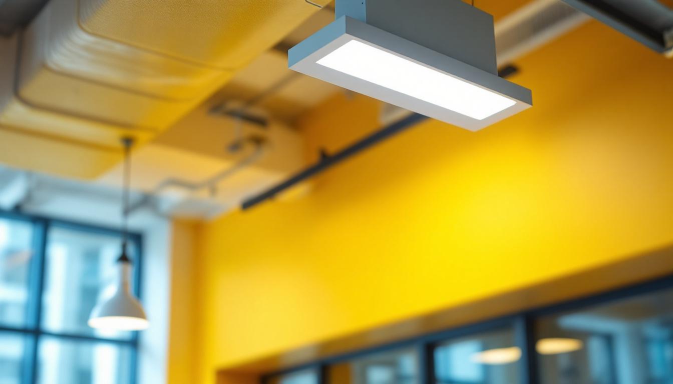 A photograph of a modern led troffer light fixture installed in a contemporary office space