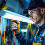 A photograph of a skilled electrician expertly wiring a fluorescent tube light fixture