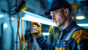 A photograph of a skilled electrician expertly wiring a fluorescent tube light fixture