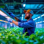 A photograph of a lighting contractor setting up or adjusting led grow lights in a greenhouse
