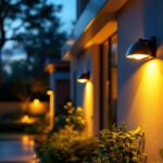 A photograph of a beautifully illuminated outdoor space featuring solar wall-mounted lights