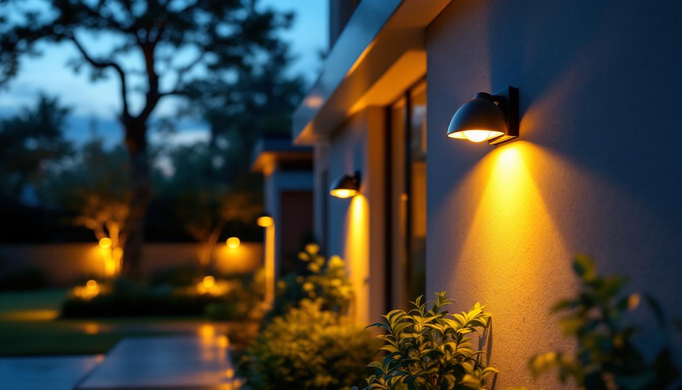 A photograph of a beautifully illuminated outdoor space featuring solar wall-mounted lights