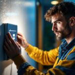 A photograph of a skilled lighting contractor adjusting a dimmable led driver in a modern