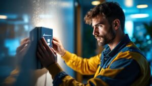 A photograph of a skilled lighting contractor adjusting a dimmable led driver in a modern