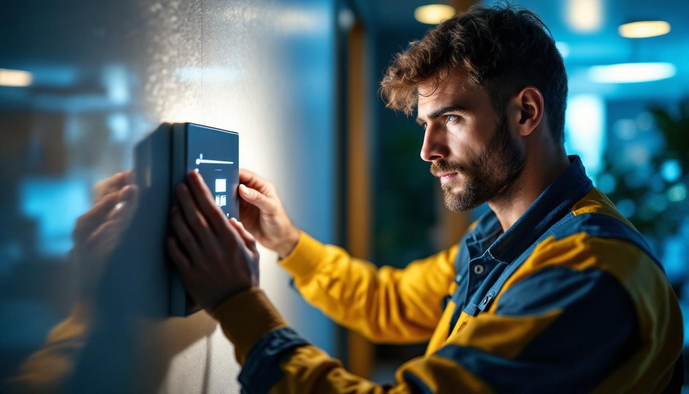 A photograph of a skilled lighting contractor adjusting a dimmable led driver in a modern
