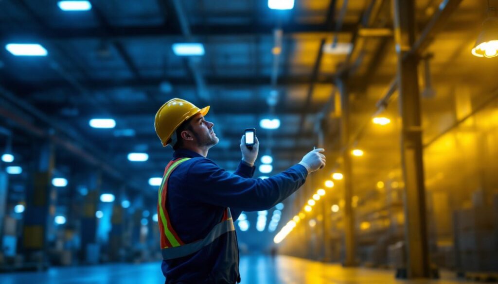 A photograph of a well-lit warehouse interior showcasing various led lighting installations