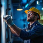 A photograph of a skilled lighting contractor working on an intricate lighting installation