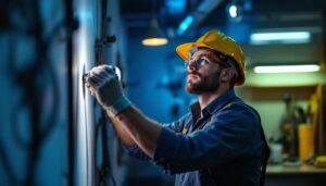A photograph of a skilled lighting contractor working on an intricate lighting installation