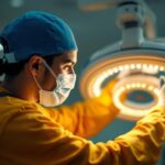 A photograph of a lighting contractor expertly installing or adjusting a modern medical light fixture in a clinical setting