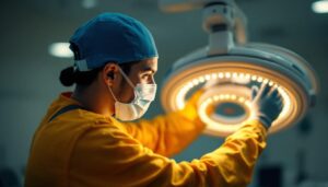 A photograph of a lighting contractor expertly installing or adjusting a modern medical light fixture in a clinical setting