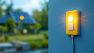 A photograph of a solar light installation featuring a clearly visible light switch in an outdoor setting