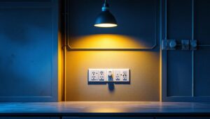 A photograph of capture a photograph of a well-lit commercial space showcasing various types of electrical outlets in use
