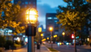 A photograph of a well-lit urban street scene featuring a modern electric light pole