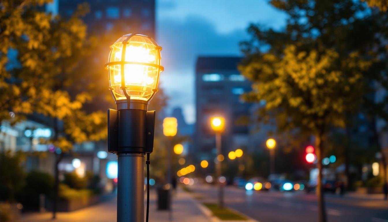 A photograph of a well-lit urban street scene featuring a modern electric light pole