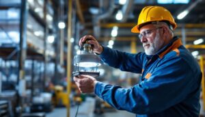 A photograph of a lighting contractor expertly installing a 1000w high pressure sodium ballast in an industrial setting