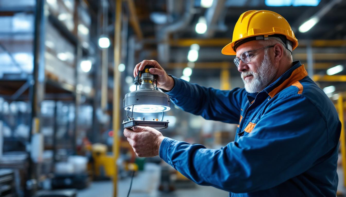 A photograph of a lighting contractor expertly installing a 1000w high pressure sodium ballast in an industrial setting