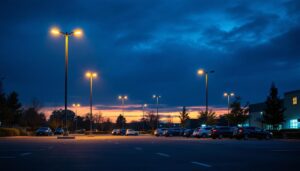 A photograph of a well-lit parking lot at dusk