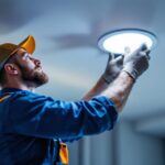 A photograph of a lighting contractor expertly installing 6-inch led recessed lights in a modern ceiling