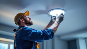 A photograph of a lighting contractor expertly installing 6-inch led recessed lights in a modern ceiling