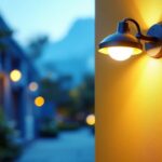 A photograph of a well-lit outdoor space featuring a mounted wall light with a focus on the mounting bracket