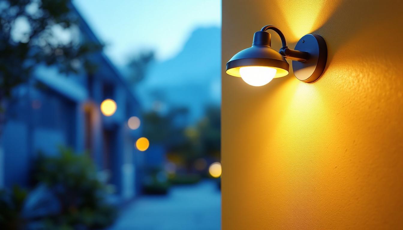 A photograph of a well-lit outdoor space featuring a mounted wall light with a focus on the mounting bracket