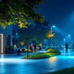 A photograph of a well-lit outdoor area featuring heavy-duty outdoor lights illuminating pathways and enhancing safety