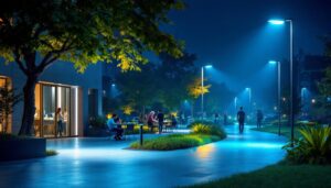 A photograph of a well-lit outdoor area featuring heavy-duty outdoor lights illuminating pathways and enhancing safety