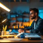A photograph of capture a photograph of a well-lit workspace showcasing a t5 fluorescent light fixture alongside alternative lighting options