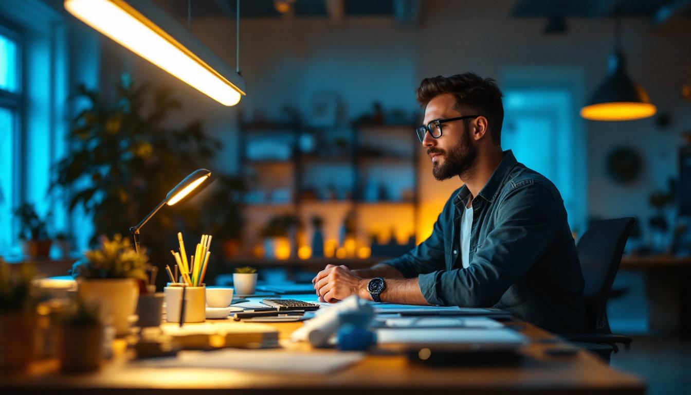 A photograph of capture a photograph of a well-lit workspace showcasing a t5 fluorescent light fixture alongside alternative lighting options