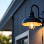 A photograph of a stylish gooseneck barn light fixture installed in a modern outdoor setting